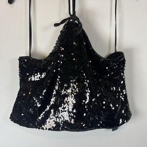 House of Harlow Halter Top 1960 Womens Cropped Sequin Design Black, Med NWT